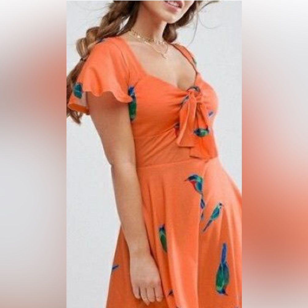 asos Skater Orange Dress with Blue and Green print with parrots Size 2 stretchy
